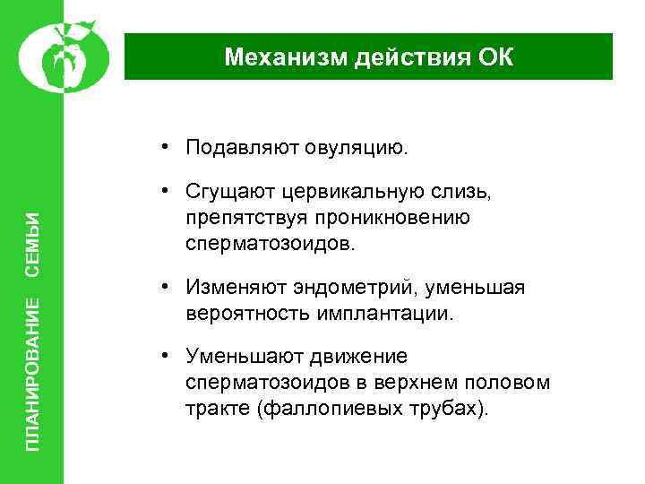 Механизм действия ОК ПЛАНИРОВАНИЕ СЕМЬИ • Подавляют овуляцию. • Сгущают цервикальную слизь, препятствуя проникновению