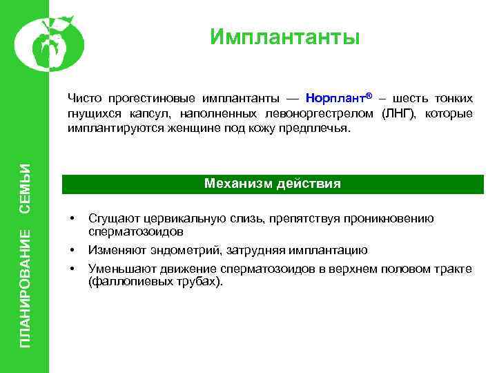 Имплантанты ПЛАНИРОВАНИЕ СЕМЬИ Чисто прогестиновые имплантанты — Норплант® – шесть тонких гнущихся капсул, наполненных