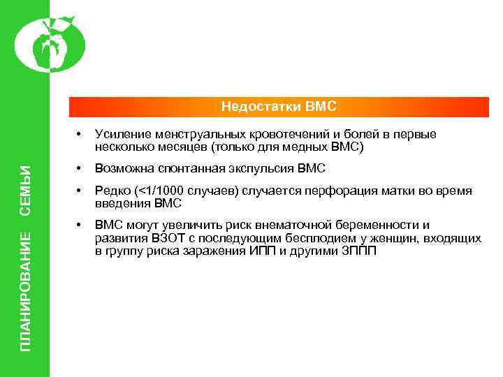 Недостатки ВМС ПЛАНИРОВАНИЕ СЕМЬИ • Усиление менструальных кровотечений и болей в первые несколько месяцев