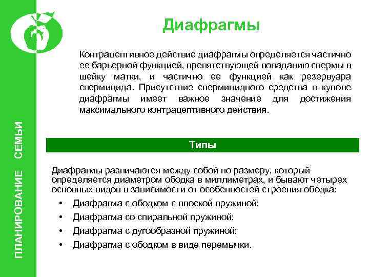 Диафрагмы ПЛАНИРОВАНИЕ СЕМЬИ Контрацептивное действие диафрагмы определяется частично ее барьерной функцией, препятствующей попаданию спермы