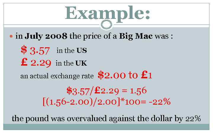 Example: in July 2008 the price of a Big Mac was : $ 3.