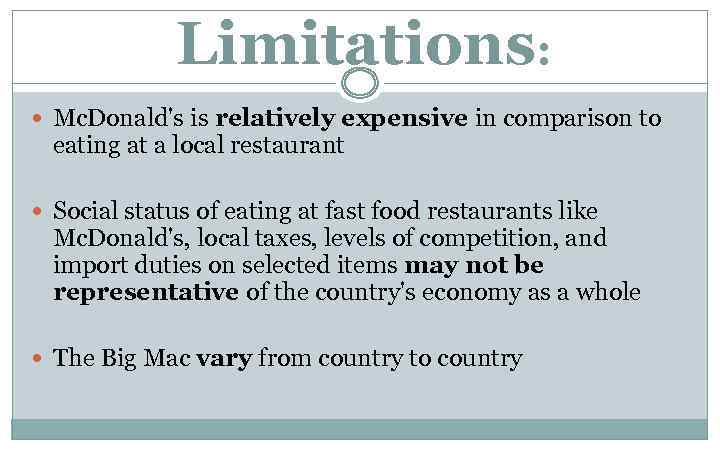 Limitations: Mc. Donald's is relatively expensive in comparison to eating at a local restaurant