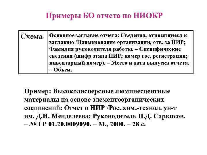 Примеры БО отчета по НИОКР Схема Основное заглавие отчета: Сведения, относящиеся к заглавию /Наименование