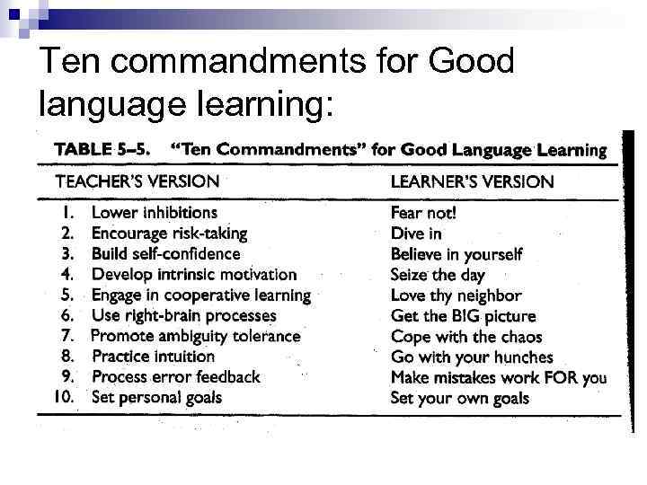 Ten commandments for Good language learning: 