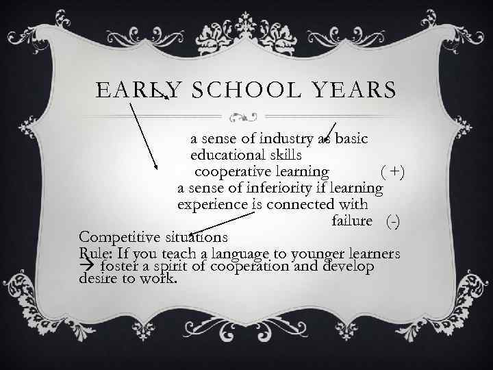 EARLY SCHOOL YEARS a sense of industry as basic educational skills cooperative learning (