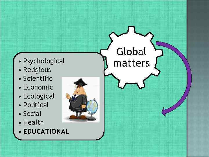 • Psychological • Religious • Scientific • Economic • Ecological • Political •
