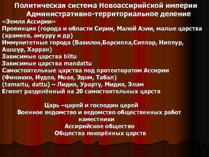 Политическая система Новоассирийской империи Административно-территориальное деление «Земля Ассирии» Провинция (города и области Сирии, Малой