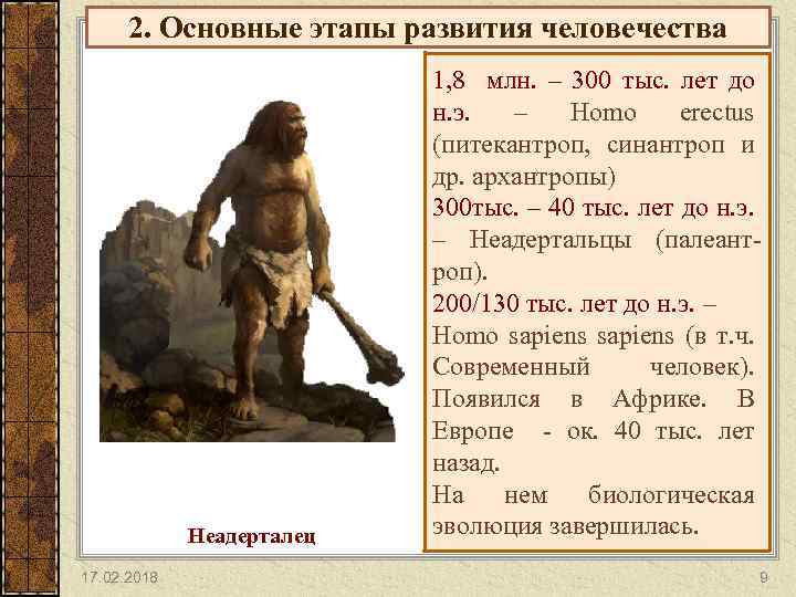 2. Основные этапы развития человечества Неадерталец 17. 02. 2018 1, 8 млн. – 300