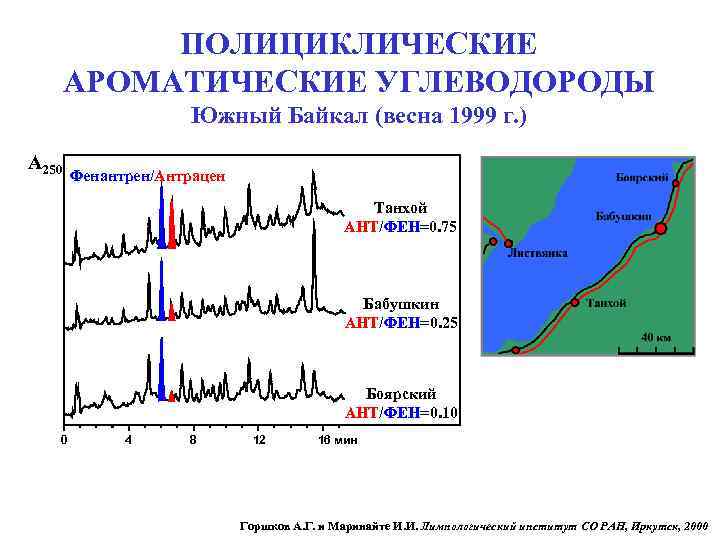 ПОЛИЦИКЛИЧЕСКИЕ АРОМАТИЧЕСКИЕ УГЛЕВОДОРОДЫ Южный Байкал (весна 1999 г. ) A 250 Фенантрен/Антрацен Танхой АНТ/ФЕН=0.