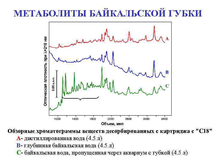 МЕТАБОЛИТЫ БАЙКАЛЬСКОЙ ГУБКИ Обзорные хроматограммы веществ десорбированных с картриджа с "С 18" А- дистиллированная