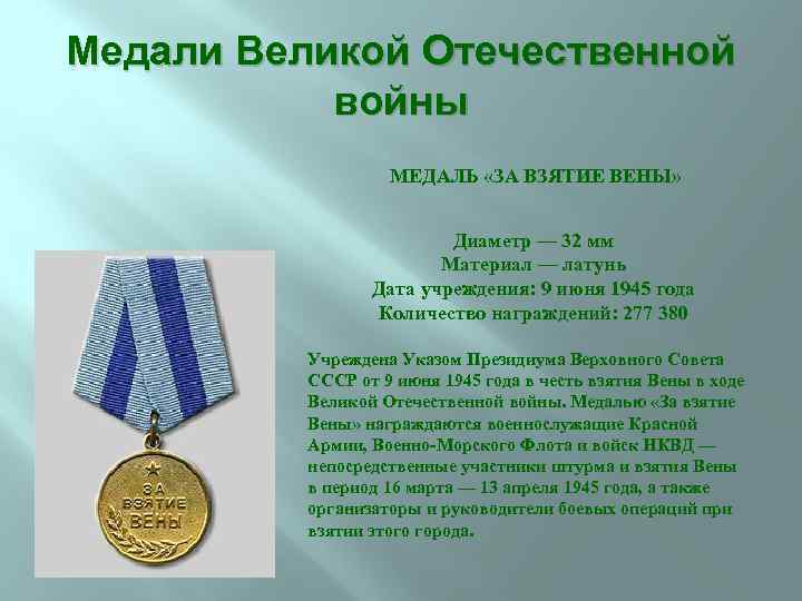 Медали Великой Отечественной войны МЕДАЛЬ «ЗА ВЗЯТИЕ ВЕНЫ» Диаметр — 32 мм Материал —