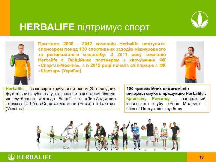 HERBALIFE підтримує спорт Протягом 2008 - 2012 компанія Herbalife виступила спонсором понад 130 спортивних