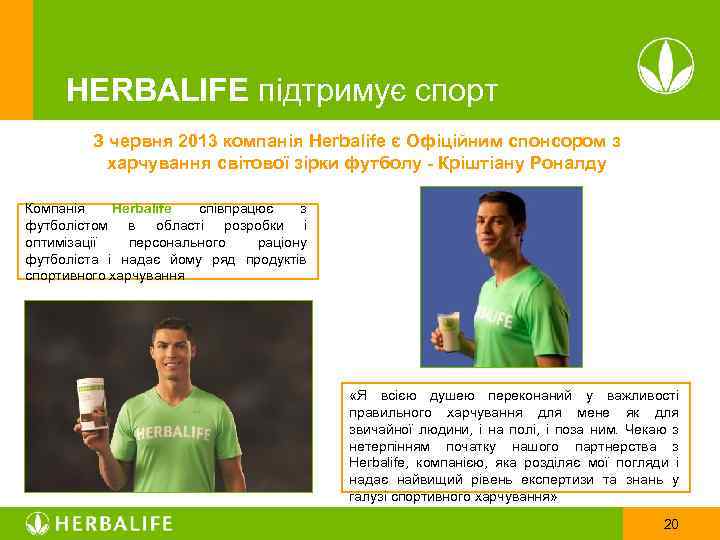 HERBALIFE підтримує спорт З червня 2013 компанія Herbalife є Офіційним спонсором з харчування світової