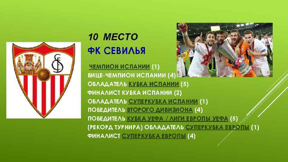 10 МЕСТО ФК СЕВИЛЬЯ ЧЕМПИОН ИСПАНИИ (1) ВИЦЕ-ЧЕМПИОН ИСПАНИИ (4) ОБЛАДАТЕЛЬ КУБКА ИСПАНИИ (5)
