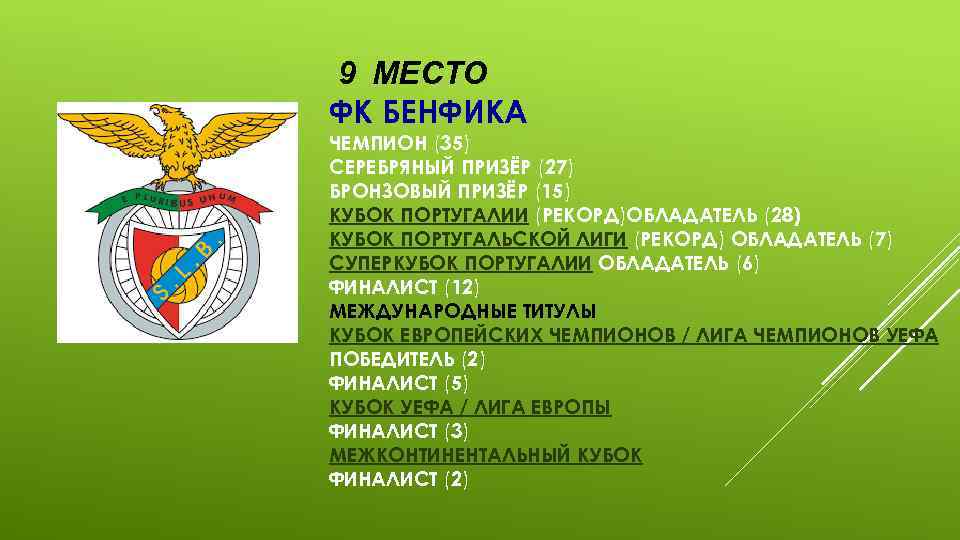 9 МЕСТО ФК БЕНФИКА ЧЕМПИОН (35) СЕРЕБРЯНЫЙ ПРИЗЁР (27) БРОНЗОВЫЙ ПРИЗЁР (15) КУБОК ПОРТУГАЛИИ
