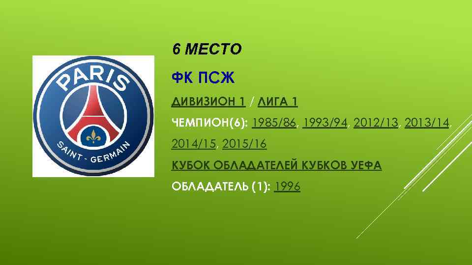 6 МЕСТО ФК ПСЖ ДИВИЗИОН 1 / ЛИГА 1 ЧЕМПИОН(6): 1985/86, 1993/94, 2012/13, 2013/14,