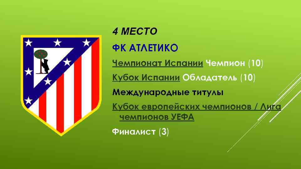 4 МЕСТО ФК АТЛЕТИКО Чемпионат Испании Чемпион (10) Кубок Испании Обладатель (10) Международные титулы