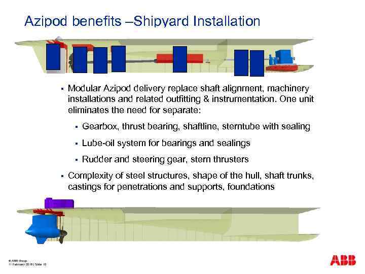 Azipod benefits –Shipyard Installation § Modular Azipod delivery replace shaft alignment, machinery installations and
