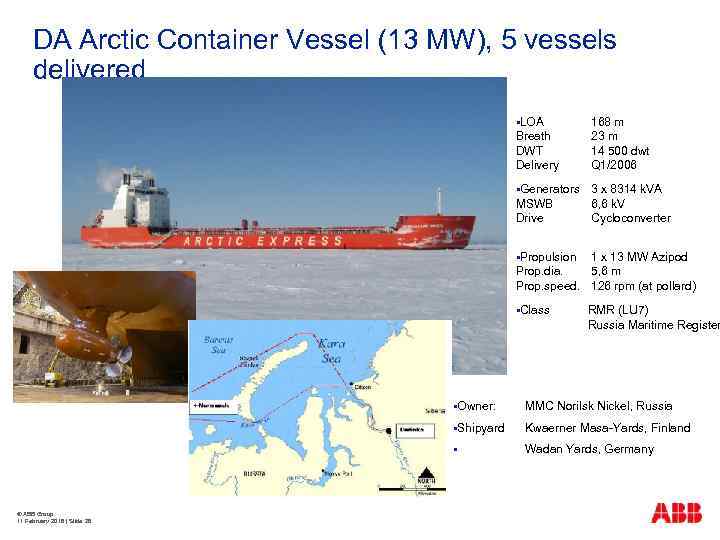 DA Arctic Container Vessel (13 MW), 5 vessels delivered §LOA Breath DWT Delivery §Generators