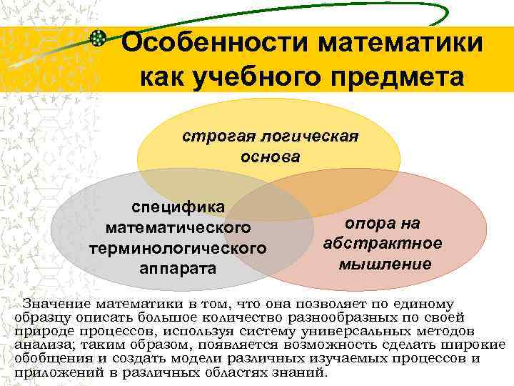 Особенности математики как учебного предмета строгая логическая основа специфика математического терминологического аппарата опора на