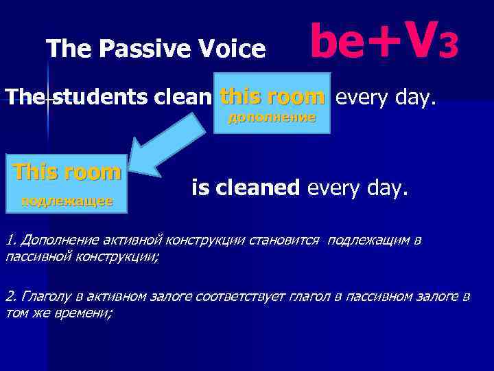 The Passive Voice be+V 3 The students clean this room every day. дополнение This