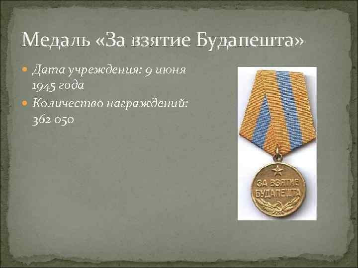 Медаль «За взятие Будапешта» Дата учреждения: 9 июня 1945 года Количество награждений: 362 050