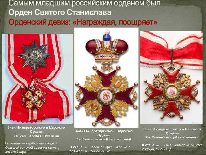 Самым младшим российским орденом был Орден Святого Станислава Орденский девиз: «Награждая, поощряет» Знак Императорского
