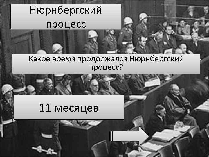 Нюрнбергский процесс Какое время продолжался Нюрнбергский процесс? 11 месяцев 