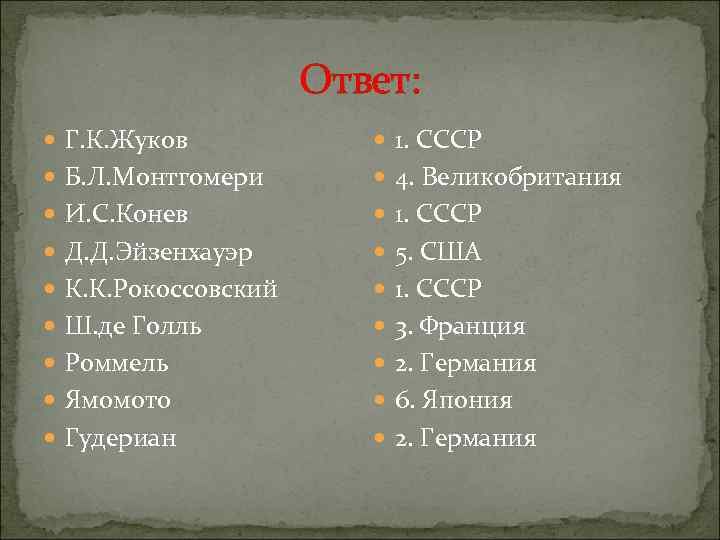 Ответ: Г. К. Жуков 1. СССР Б. Л. Монтгомери 4. Великобритания И. С. Конев