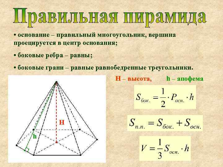 Центр основание. Площадь пирамиды формула. В правильной пирамиде вершина проецируется в центр основания. Площадь поверхности пирамиды формула. Площадь полной поверхности правильной треугольной пирамиды формула.