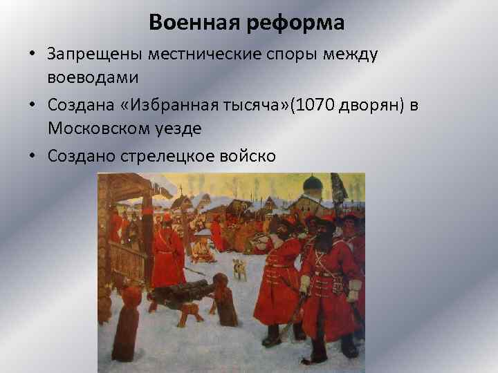 Реформа создание стрелецкого войска. Военная реформа избранная тысяча. Создание избранной тысячи. Избранная рада Стрелецкое войско. Избранная тысяча.