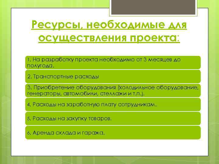 Ресурсы, необходимые для осуществления проекта: 1. На разработку проекта необходимо от 3 месяцев до