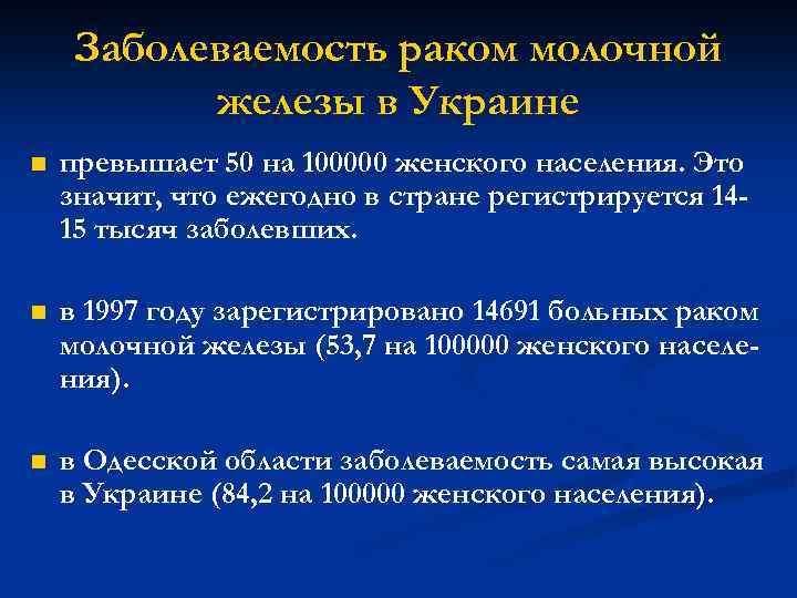 Заболеваемость раком молочной железы в Украине n превышает 50 на 100000 женского населения. Это