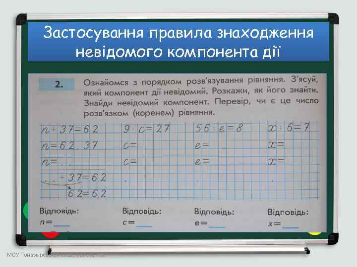 Застосування правила знаходження невідомого компонента дії МОУ Поназыревская СОШ, Орлова Н. В. 