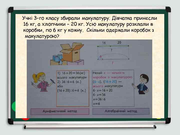 Учні 3 -го класу збирали макулатуру. Дівчатка принесли Розв'язування складних задач 16 кг, а