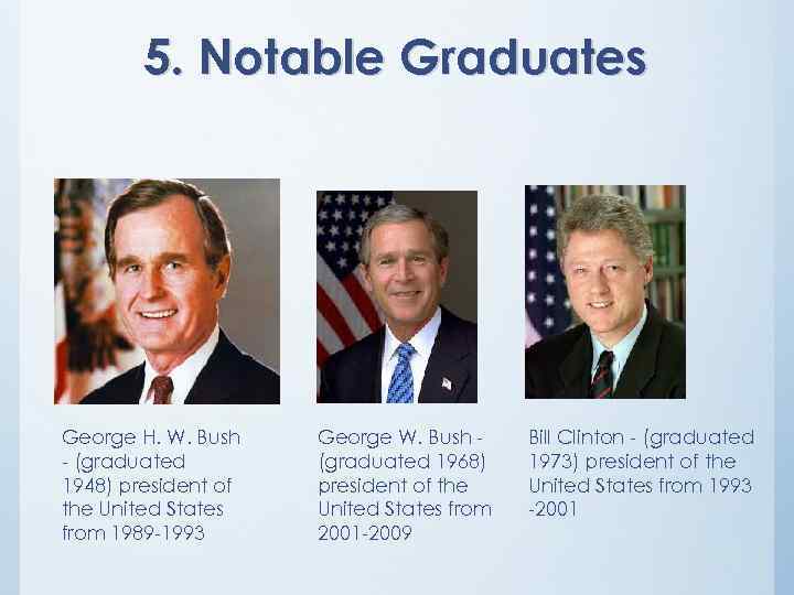 5. Notable Graduates George H. W. Bush - (graduated 1948) president of the United