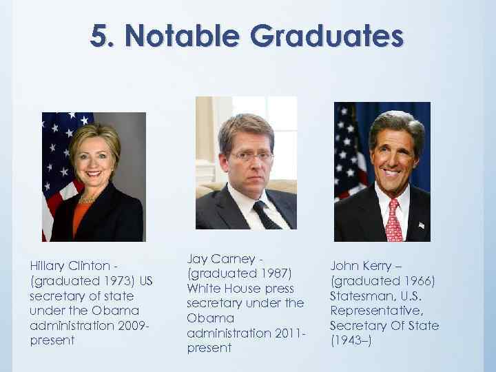 5. Notable Graduates Hillary Clinton (graduated 1973) US secretary of state under the Obama