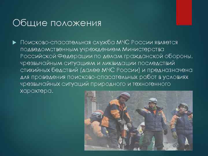 Общие положения Поисково-спасательная служба МЧС России является подведомственным учреждением Министерства Российской Федерации по делам