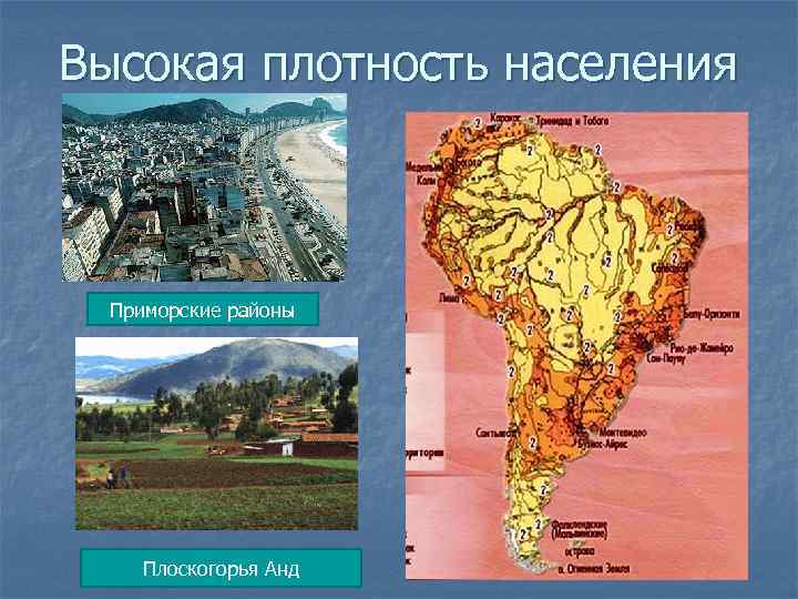 Высокая плотность населения Приморские районы Плоскогорья Анд 