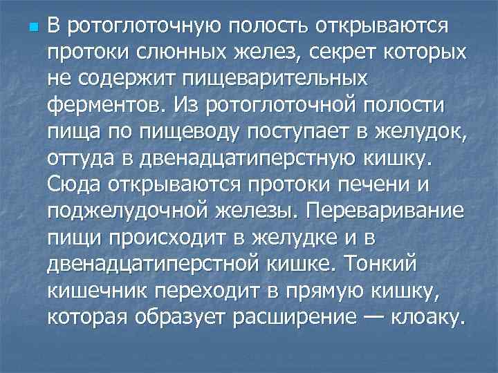 n В ротоглоточную полость открываются протоки слюнных желез, секрет которых не содержит пищеварительных ферментов.