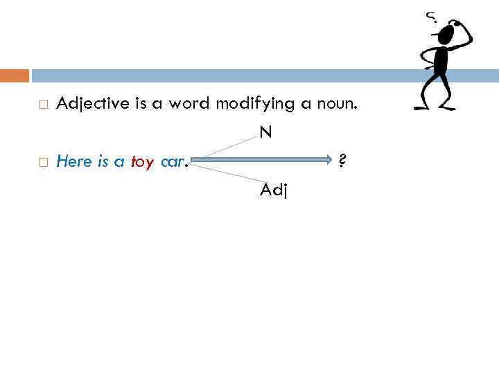  Adjective is a word modifying a noun. N Here is a toy car.