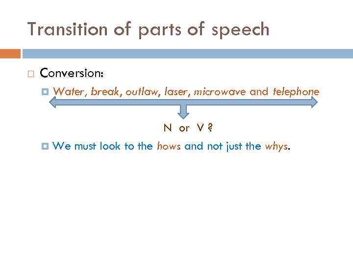 Transition of parts of speech Conversion: Water, break, outlaw, laser, microwave and telephone N