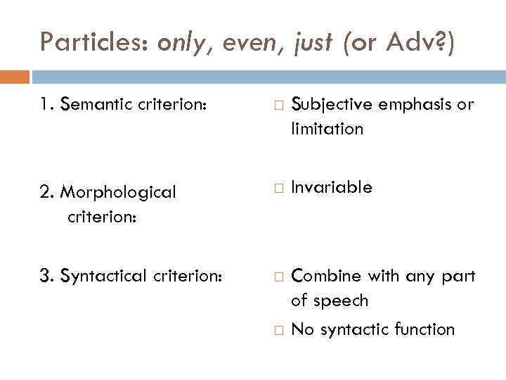 Particles: only, even, just (or Adv? ) 1. Semantic criterion: Subjective emphasis or limitation