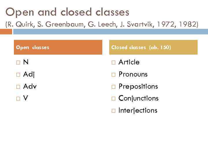 Open and closed classes (R. Quirk, S. Greenbaum, G. Leech, J. Svartvik, 1972, 1982)