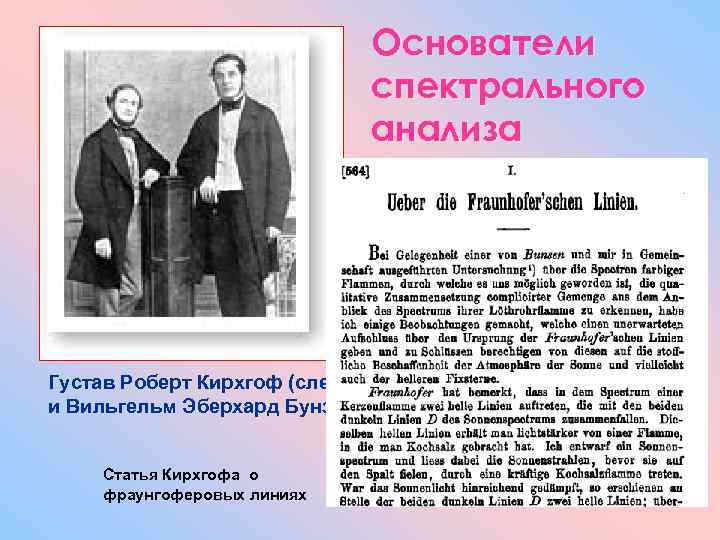 Основатели спектрального анализа Густав Роберт Кирхгоф (слева) и Вильгельм Эберхард Бунзен Статья Кирхгофа о