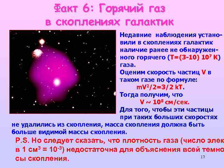 Факт 6: Горячий газ в скоплениях галактик Недавние наблюдения установили в скоплениях галактик наличие