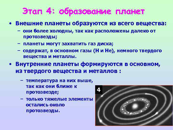 Этап 4: образование планет • Внешние планеты образуются из всего вещества: – они более