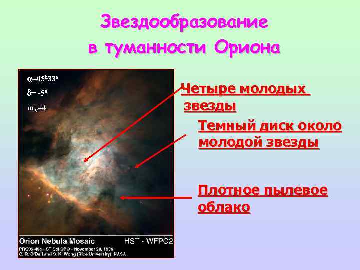 Звездообразование в туманности Ориона =05 h 33 ь = -50 m. V=4 Четыре молодых