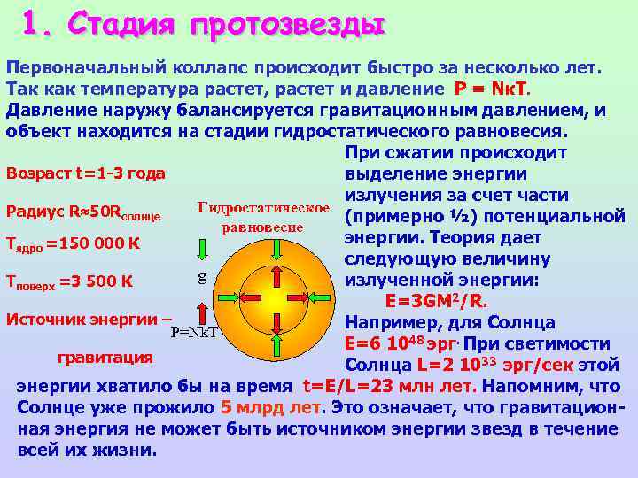 1. Стадия протозвезды Первоначальный коллапс происходит быстро за несколько лет. Так как температура растет,