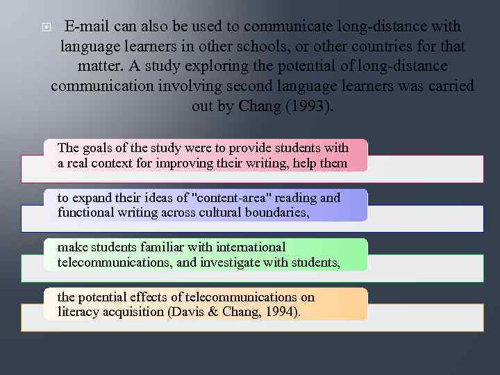 E-mail can also be used to communicate long-distance with language learners in other schools,